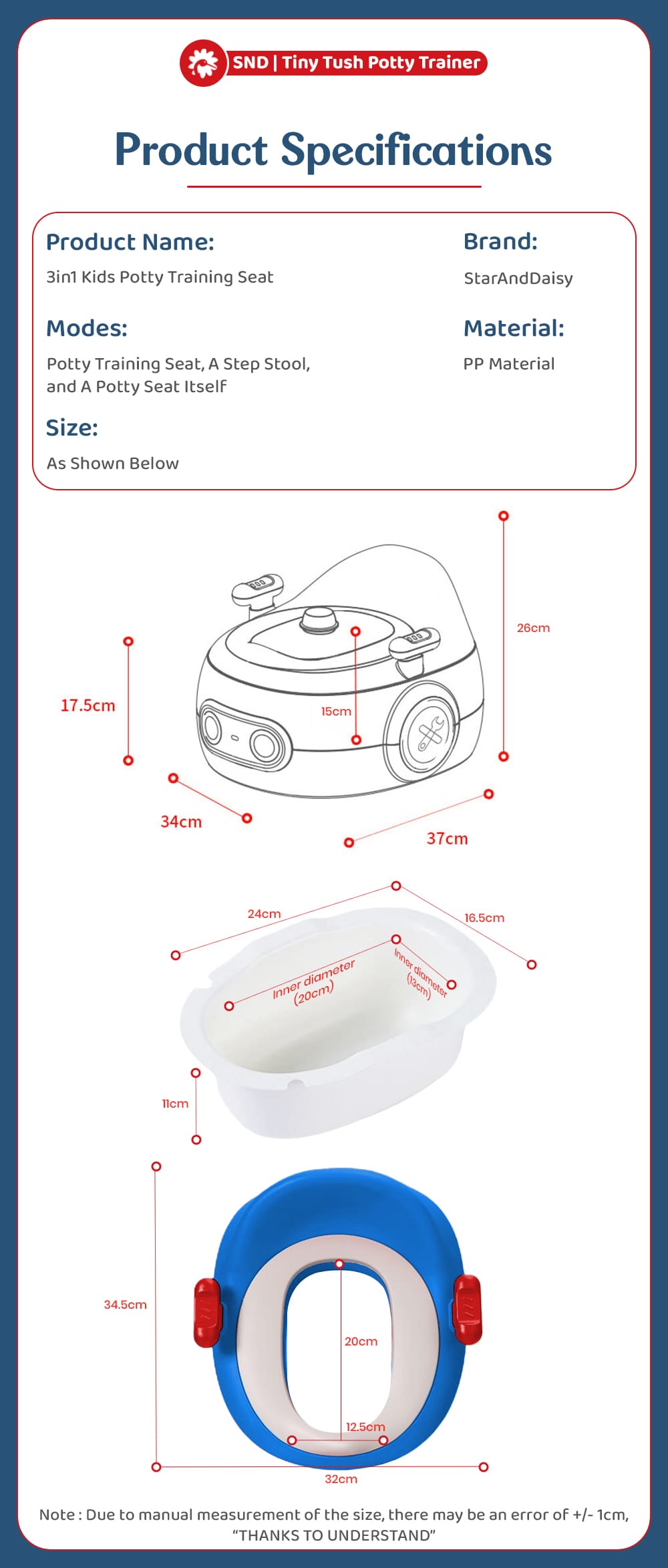 Specification of 3-in-1 Kids Potty Training Seat