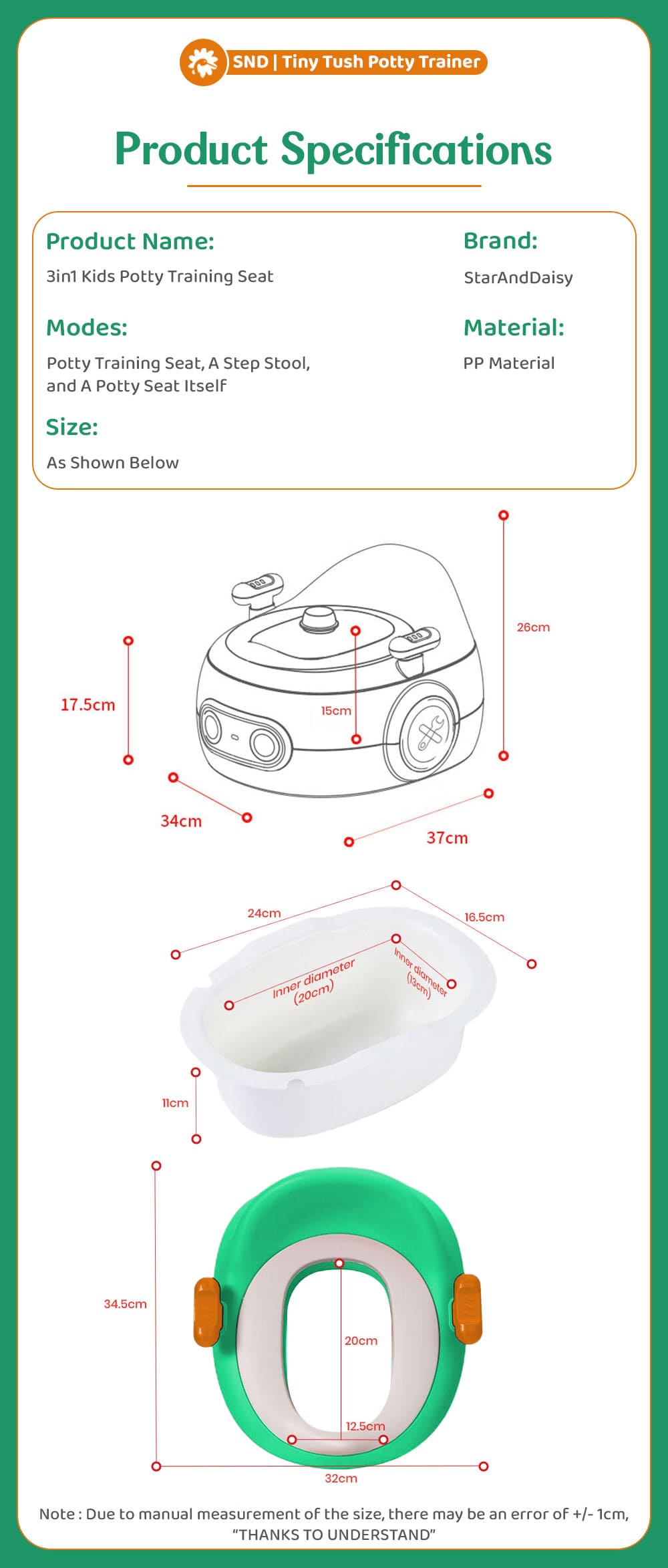 Specification of 3-in-1 Kids Potty Training Seat