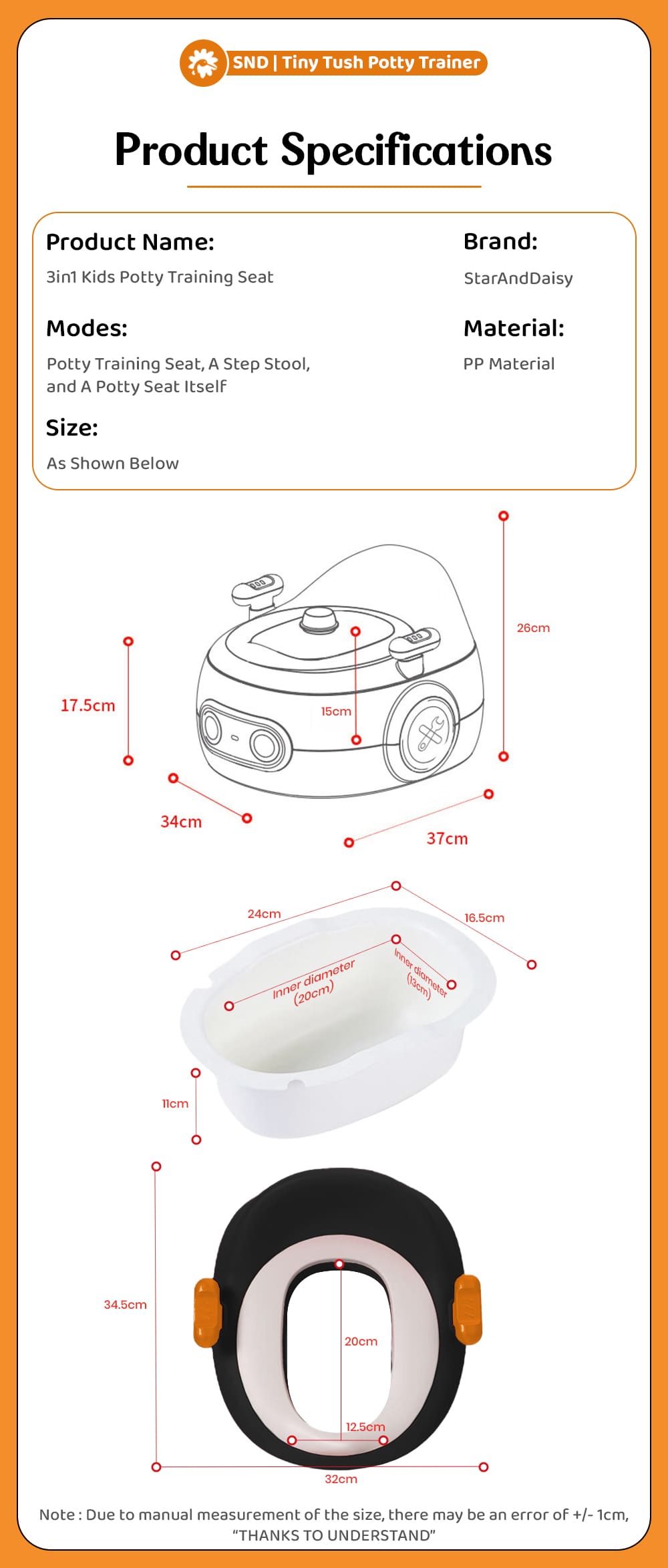 Specification of 3-in-1 Kids Potty Training Seat