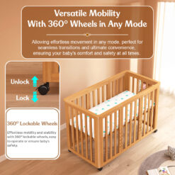 Baby Wooden Crib Cot Bed with 360Dgree Lockable Wheels