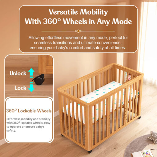 Baby Wooden Crib Cot Bed with 360Dgree Lockable Wheels