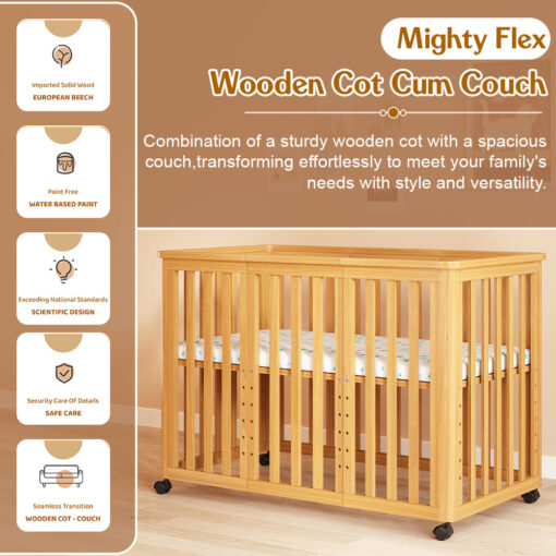 StarAndDaisy Multifunctional Baby Bed Side Wooden Crib without Mattress, Height Adjustable & Mosquito Net Stand, Locking Wheels - (Beechwood-B27)