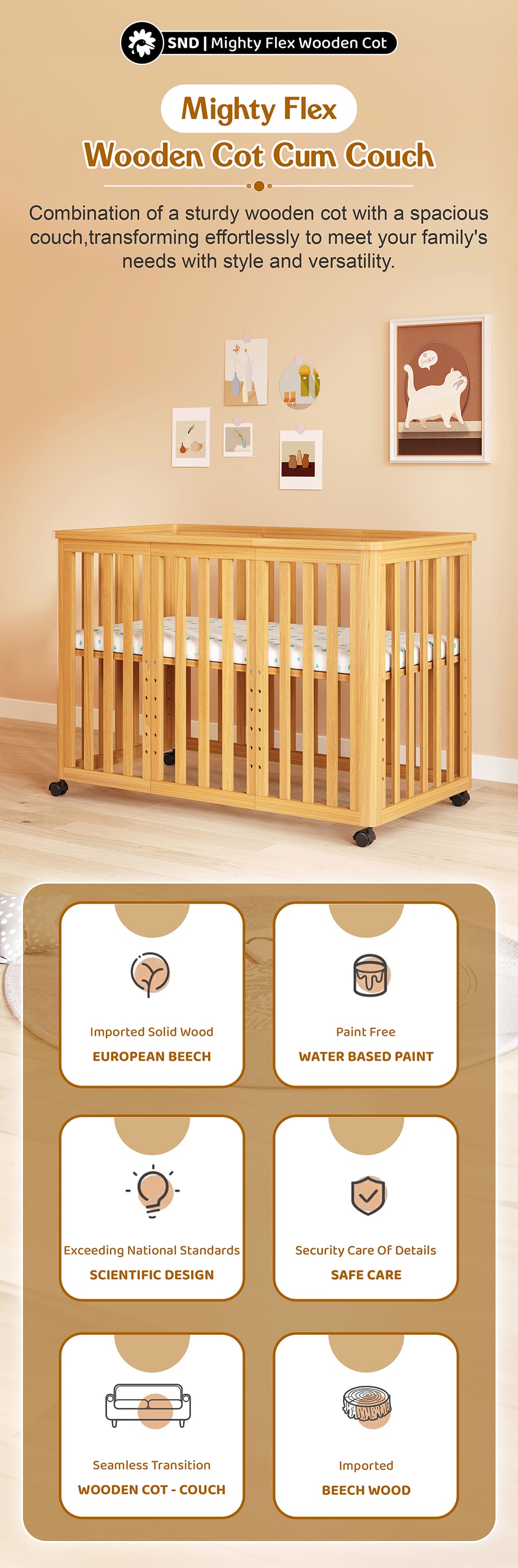 uMltifuctional Baby Wooden Cot