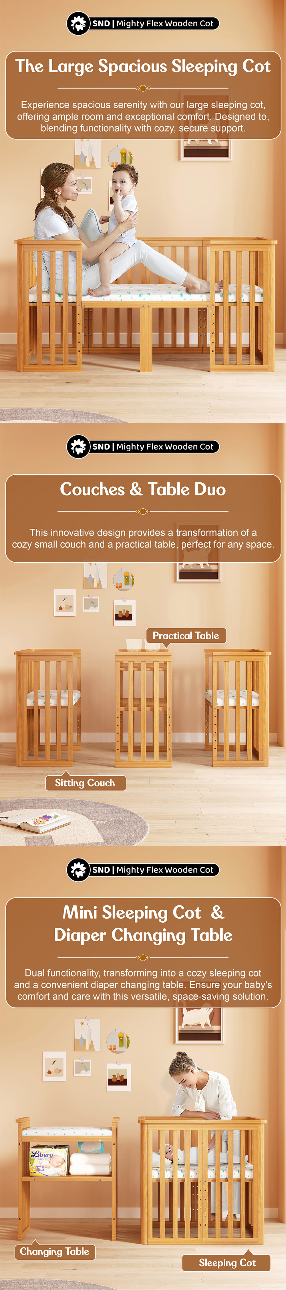 Bed Side Baby Wooden Cot