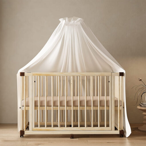 StarAndDaisy Multifunctional Baby Wooden Cot with Mattress, 11 Levels of Height Adjustments with Mosquito Net & Adjustable Stand - 124cm x 69.5cm-Natural Wood Color