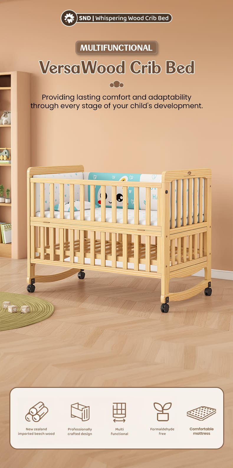 Multifuctional Baby Wooden Cot