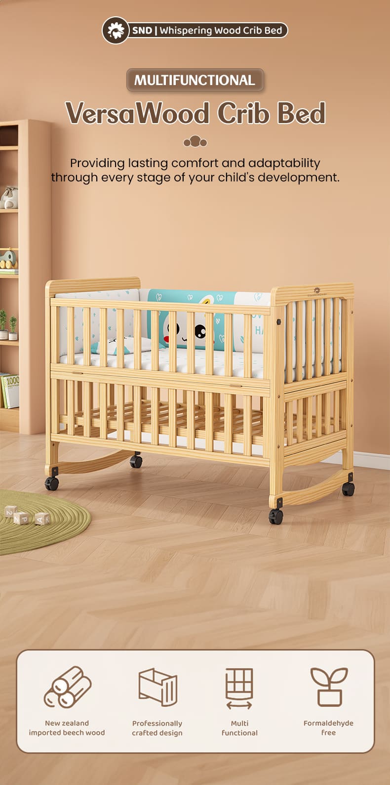 Multifuctional Baby Wooden Cot