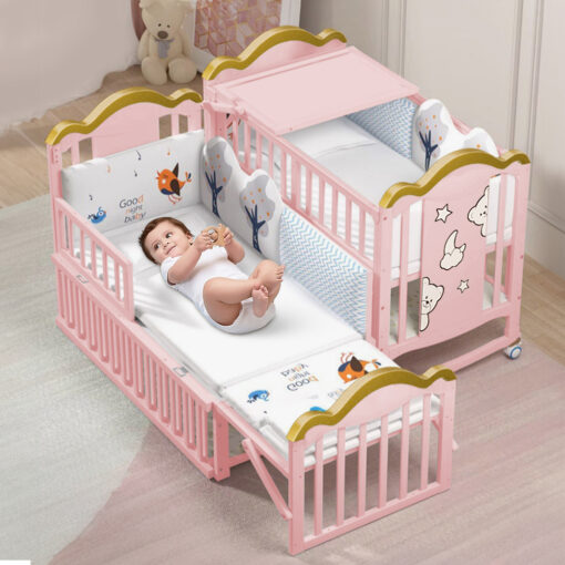 StarAndDaisy Multifunctional Baby Wooden Crib Cot, 14-in-1 Convertible Baby Crib Bed with Height Adjustment & Spacious Storage - Pink