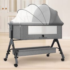 StarAndDaisy 3 in 1 Cradle for Baby with Nursing Changing Tray, Height Adjustments, Mosquito Net and Storage Basket - Grey