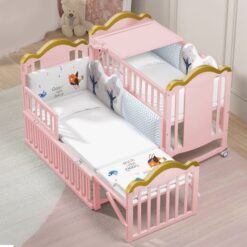 StarAndDaisy Multifunctional Baby Wooden Crib Cot, 12-in-1 Convertible Baby Crib Bed with Height Adjustment & Spacious Storage - Pink