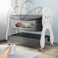 StarAndDaisy Electric Baby Crib Cradle with Mosquito Net, Wooden Legs, and 3 Gear Adjustable Swing with Smart Remote Control - Grey