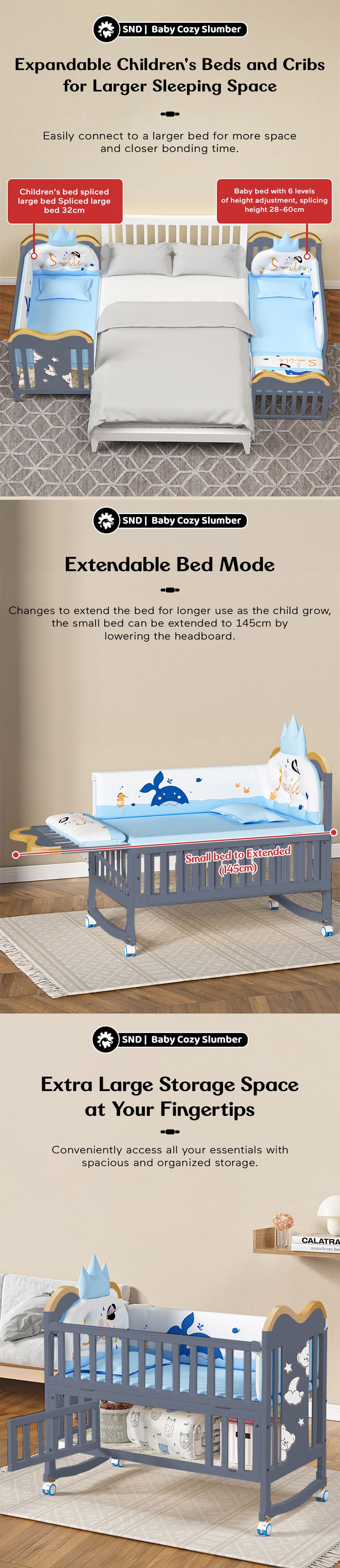 Extandable Bedside Baby Wooden Cot