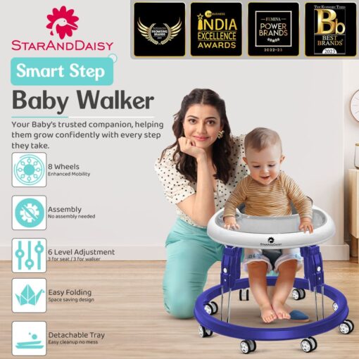 StarAndDaisy First Baby Walker with Adjustable Height, Infant Activity Walker with 360° Rotational 8 Wheels and Padded Seat for 6-24 Months Babies - Blue