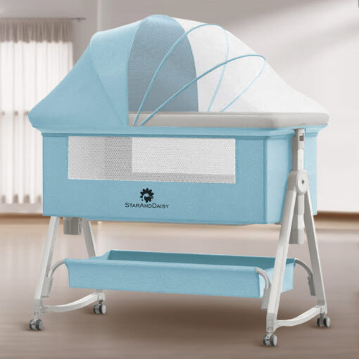 StarAndDaisy Pluto Luxury Baby Cradle with Height Adjustment and Next to Parents Bed with Soft Foam Mattress and Mosquito Net (Blue)