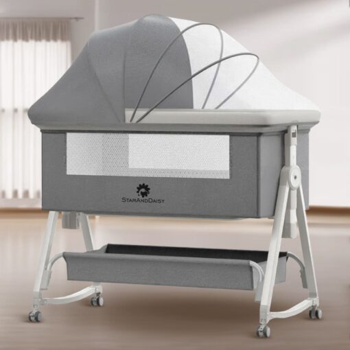 StarAndDaisy Pluto Luxury Baby Cradle with Nursing Changing Tray, Height Adjustment, Soft Foam Mattress, Storage Basket and Mosquito Net - Grey