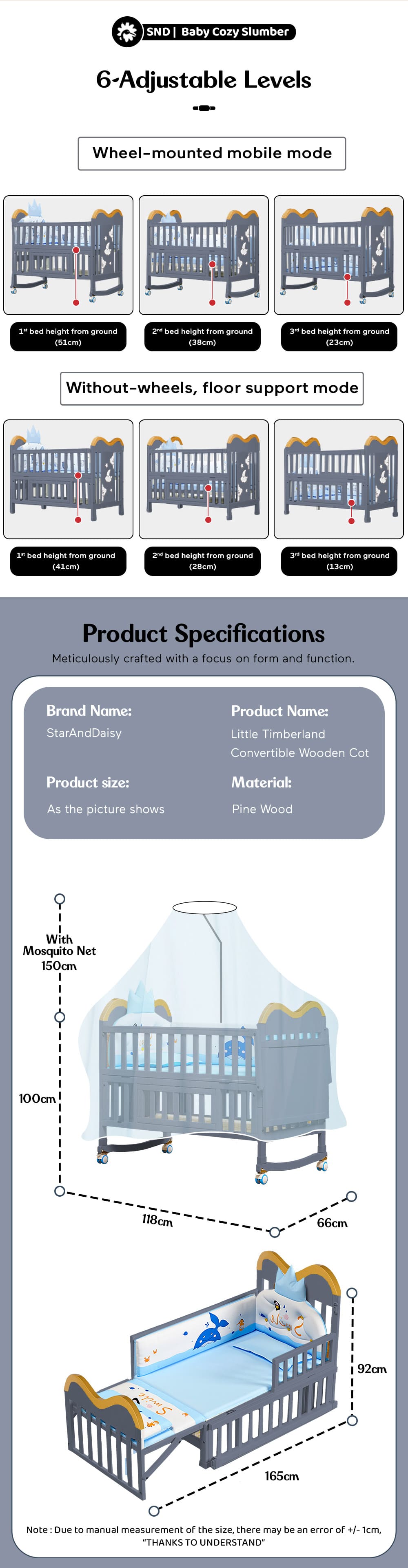 Specification of Baby Wooden Cot Cribe Cradle Swing