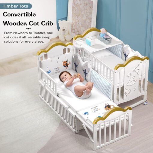 StarAndDaisy Multifunctional Wooden Cot for Baby with Mattress, 14-in-1 Convertible Baby Bed with 3 Height Adjustable & Spacious Storage - White