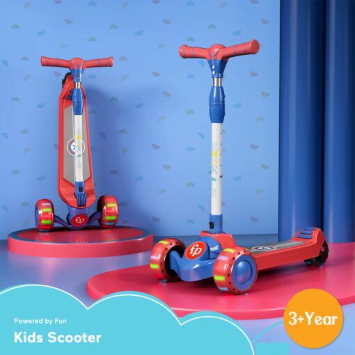 Fisher-Price Glider Kick Scooter for Kids, 3 Wheel Kids Scooter with LED Light & Five Gear Height Adjustment 3 to 12 year Boys & Girls - Red Blue