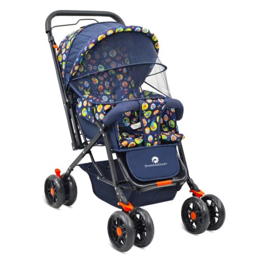 StarAndDaisy Dual Facing Stroller for Baby with Mosquito Net, Newborn Stroller with Extended Canopy, Dual facing Handle, & Peek-a-boo Window - Rounded Print