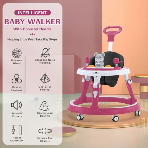 StarAndDaisy Multifunctional Baby Walker With Parental Handle, Infant Walker With Adjustable Height & Detachable Toy Tray - Pink