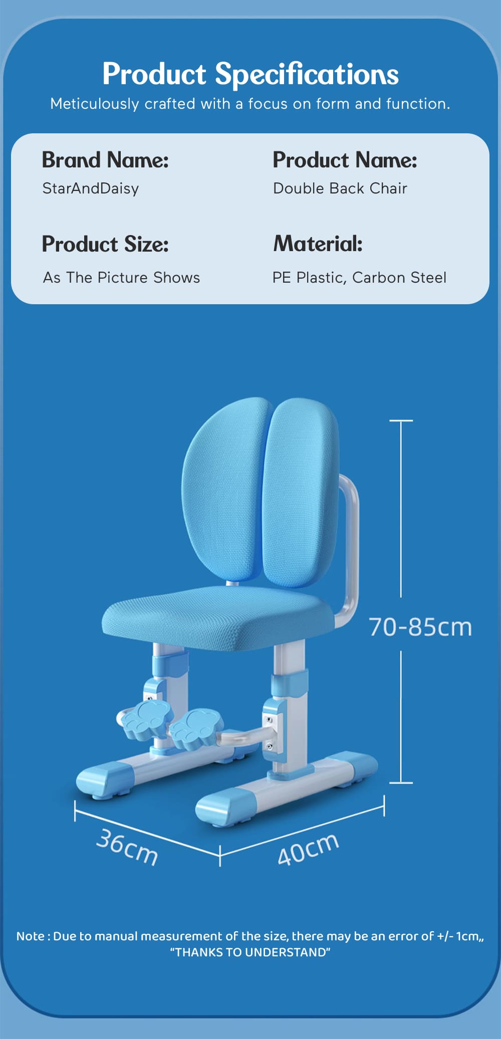 Specification of Double Back Chair for Kids