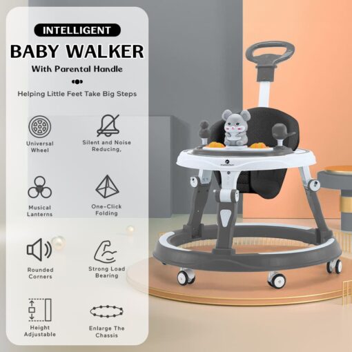 StarAndDaisy Premium Baby Walker With Parental Handle, Infant Walker With Adjustable Height & Detachable Musical Toy Tray - Grey