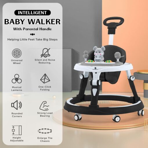 StarAndDaisy Activity Push Walker for Baby With Parental Handle, Infant Walker With Adjustable Height & Detachable Musical Toy Tray - Black