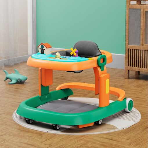 StarAndDaisy Elegant Kids Learning Activity Walker with Height Adjustment, Padded Cushioned Seat, Anti-O-Leg Design, Music Toy Tray, Foot Cushion (Green & Orange)