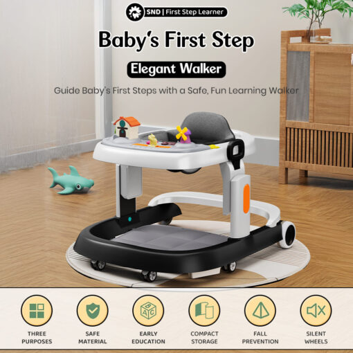 StarAndDaisy Foldable Baby Walker with Height Adjustment, Elegant Walker with Cushioned Seat, Anti-O-Leg Design & Music Toy Tray – Black