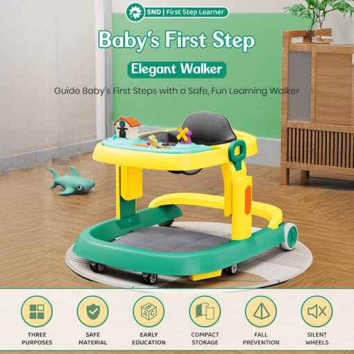 StarAndDaisy Multifunctional Baby Walker with Height Adjustment, Elegant Walker with Cushioned Seat, Anti-O-Leg Design & Music Toy Tray - Green Yellow