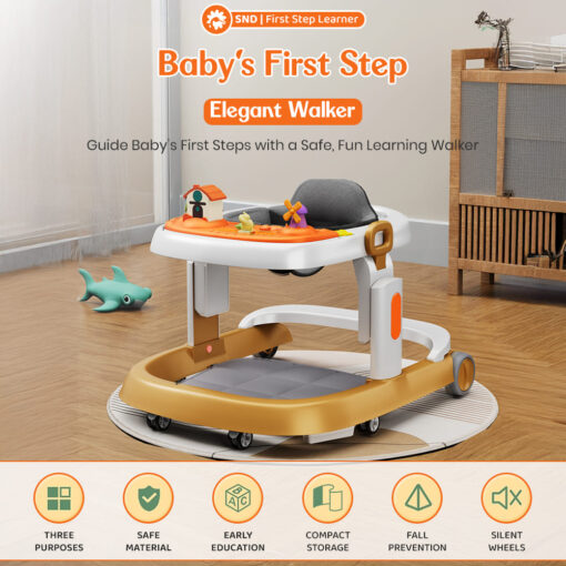 StarAndDaisy Baby Walker Height Adjustment, Elegant Walker for Babies with Cushioned Seat & Music Toy Tray - Metallic Gold