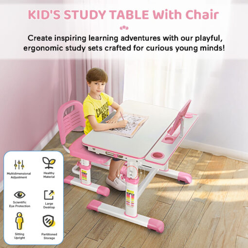 StarAndDaisy Best Study Table Chair Set for Children with Adjustable Height, Smart Storage, Flexible Desk, and Book Holder - 80A Pink