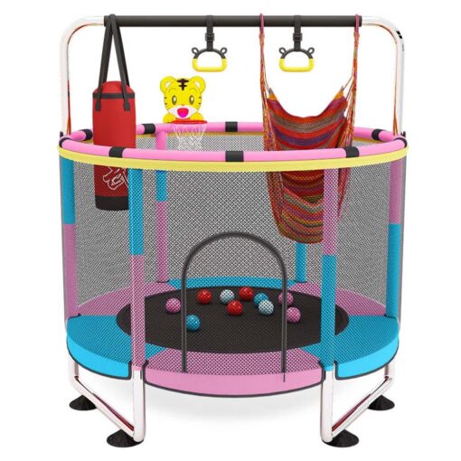 StarAndDaisy Kids Trampoline with Safety Net, Pull-Up Handle, Hanging Boxing Bag, and Exciting Swing for Kids (Pink & Blue)