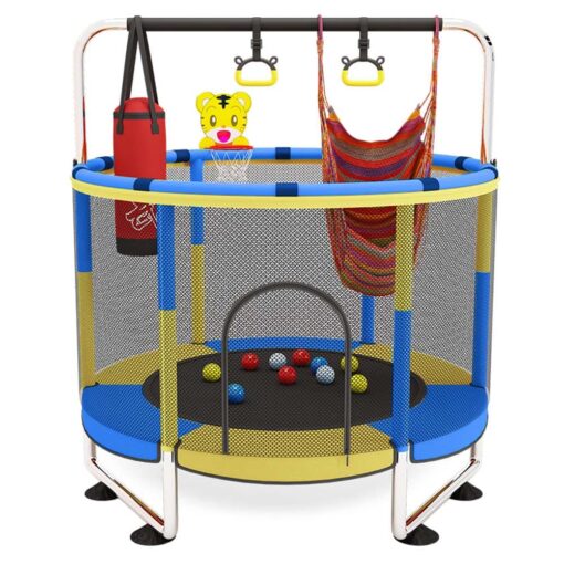 StarAndDaisy Indoor Trampoline for Kids with Safety Net, Pull-Up Handle, Hanging Boxing Bag - Blue & Yellow