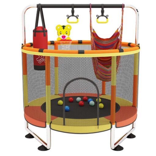 StarAndDaisy Best Kids Trampoline, Trampoline with Protection Net, Pull-Up Handle, Hanging Boxing Bag - Orange & Yellow