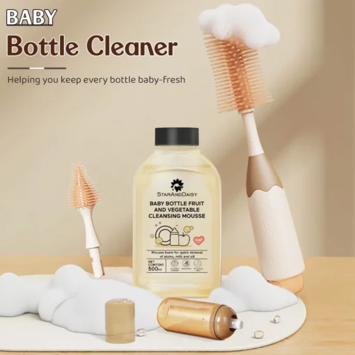 StarAndDaisy Baby Bottle Cleaning Brush Set with Liquid Cleanser, 360° Cleaner Brush for Feeding Bottle with long Handle & 500 Ml Bottle Cleaner - Brown Beige