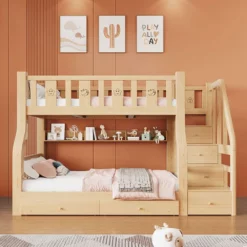 StarAndDaisy Solid Wood Bunk Bed for Kids with Ladder Storage Cabinets & Bookcase, Bunk Bed for Toddlers with Bed Guardrail