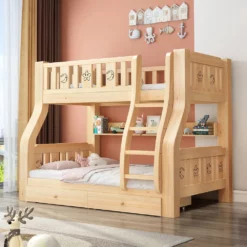 StarAndDaisy Solid Wood Kids Bunk Bed with Ladder & Bookcase, Bunk Bed for Toddlers with Bed Guardrail