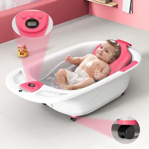 StarAndDaisy Anti-slip Baby Bath Tub with Bath Seat and Temperature Sensor and Detachable Wheels - Pink