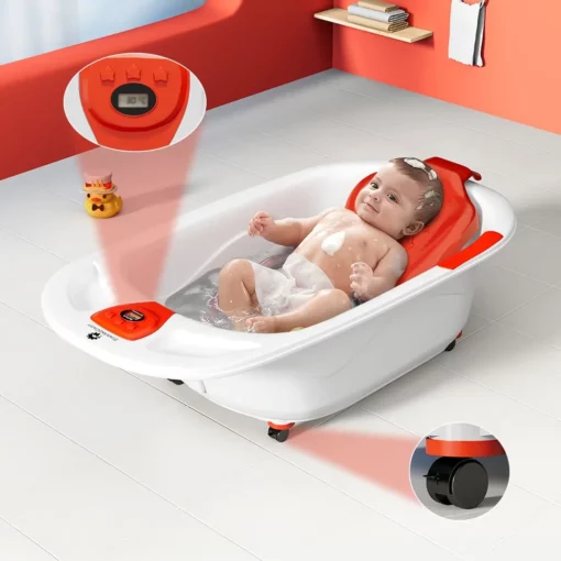 StarAndDaisy Bath Tub for Babies with Bath Seat and Temperature Sensor and Detachable Wheels - Red