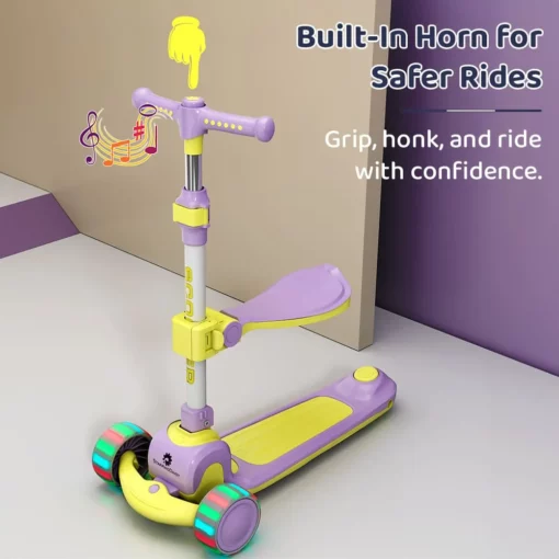 StarAndDaisy 3 Wheel Scooter for Kids with Seat, Height Adjustment & Foot Brake, RGB Wheel Lights Scooter for Kids - (Purple & Yellow) - Image 9