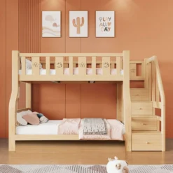 StarAndDaisy Solid Wood Bunk Bed for Kids with Ladder Storage Cabinets, Bunk Bed for Toddlers with Bed Guardrail