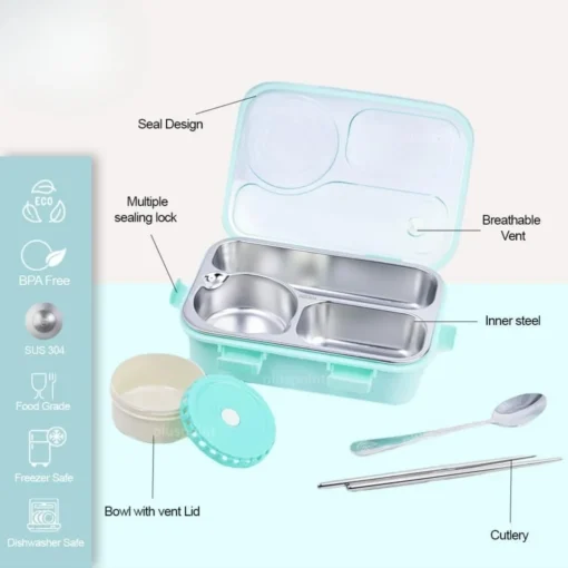 Kids Lunch Box for School, Air Tight Portable Lunch Box with Utensils, Stainless Steel Lunch Box with Containers, Leak Proof Bento Box for Kids- Green - Image 8