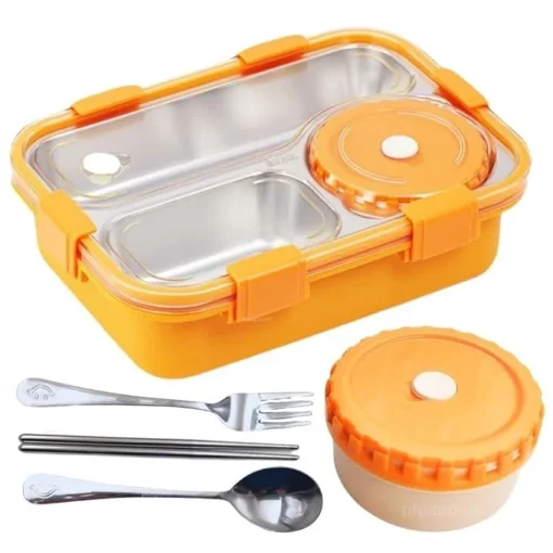 Kids Lunch Box, Air Tight Portable Lunch Box with Utensils, Stainless Steel Lunch Box with Containers, Leak Proof Bento Box for Kids- Orange