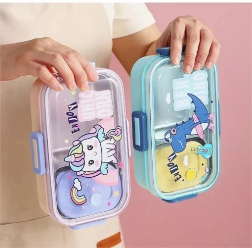 Stainless Steel Lunch Box, Trendy Rectangle Cartoon Lunch box with Soup Bowl for Kids - Duck Print 700ml+100ml - Image 3