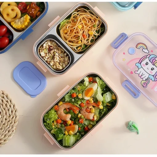 Stainless Steel Lunch Box For kids with Four Side Lock Design, Soup Bowl, One Pair of Tableware, Air Tight School Lunch Box-Unicorn Print - Image 6