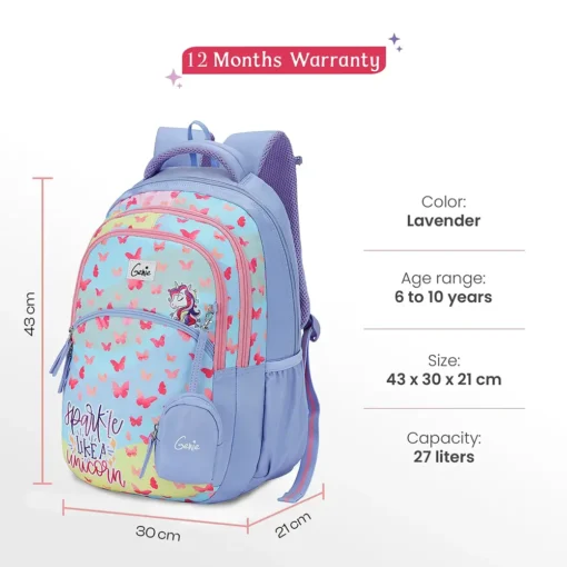 Genie Pixie Junior Kids Bag with Three Spacious Compartments, Kids Backpack with Front Pocket, Kids Bag with Mini Pouch, File Holder and Three Compartments - Lavender - Image 13