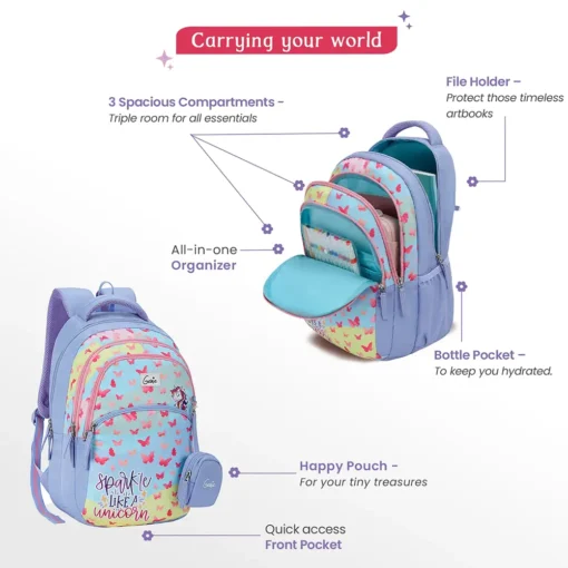 Genie Pixie Junior Kids Bag with Three Spacious Compartments, Kids Backpack with Front Pocket, Kids Bag with Mini Pouch, File Holder and Three Compartments - Lavender - Image 7