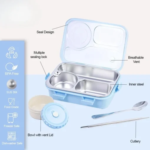 Lunch Box for kids, Air Tight Portable Lunch Box with Utensils, Stainless Steel Lunch Box with Containers, Leak Proof Bento Box for Kids- Blue - Image 3