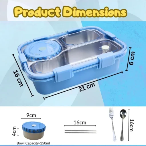 Lunch Box for kids, Air Tight Portable Lunch Box with Utensils, Stainless Steel Lunch Box with Containers, Leak Proof Bento Box for Kids- Blue - Image 6